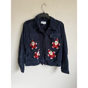 Bellepointe Navy Velveteen Embroidered Santa Button Up Blouse Womens S Christmas